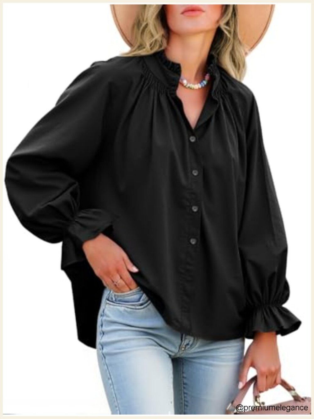 100% Cotton Button Down Blouse with Puff Sleeves